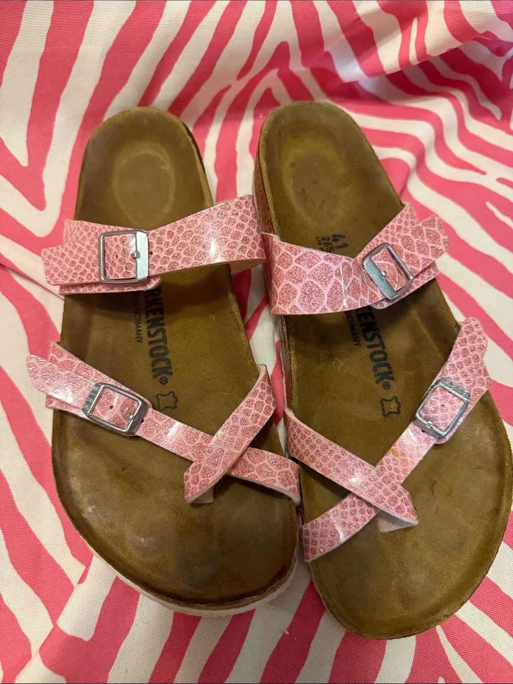 Birkenstock Pink Patterned Triple-Strap Sandals with Silver Buckles